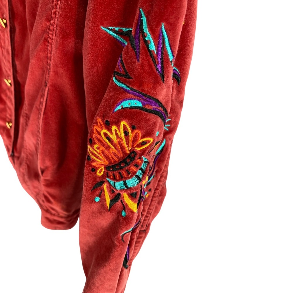 Bob Mackie Wearable Art Red Embroidered Floral Trucker Jacket Womens S Oversized - Picture 5 of 7